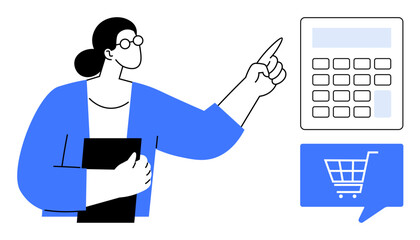 Woman holding notebook and pointing to a calculator and shopping cart icon. Ideal for e-commerce, finance, accounting, online shopping, business analysis, retail, mobile apps. Line metaphor