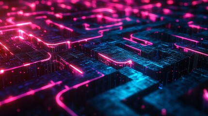Fototapeta premium A cyberpunk-style labyrinth of neon light paths representing digital marketing strategies, enhanced by AI and deep learning models visualized as glowing neural networks connecting each node