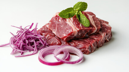 Obraz premium A contemporary food presentation of layered beef cuts in rich burgundy tones