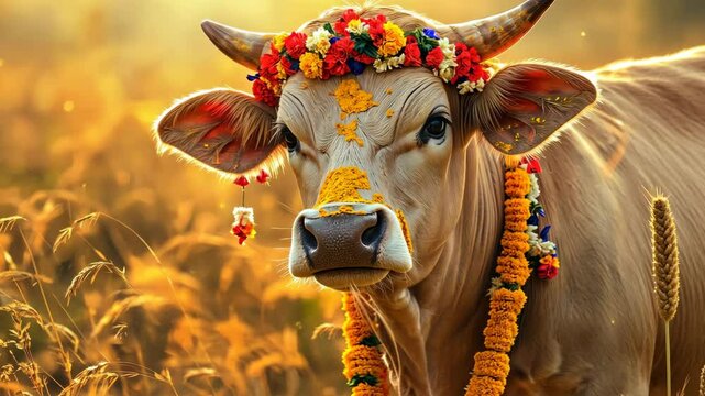 A decorated Indian cow with colorful garlands and turmeric pic