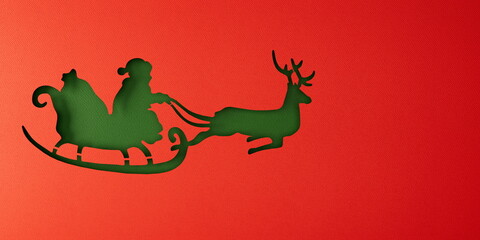 Fototapeta premium santa sleigh reindeer cutout on a vibrant red paper with green background, capturing the festive holiday spirit
