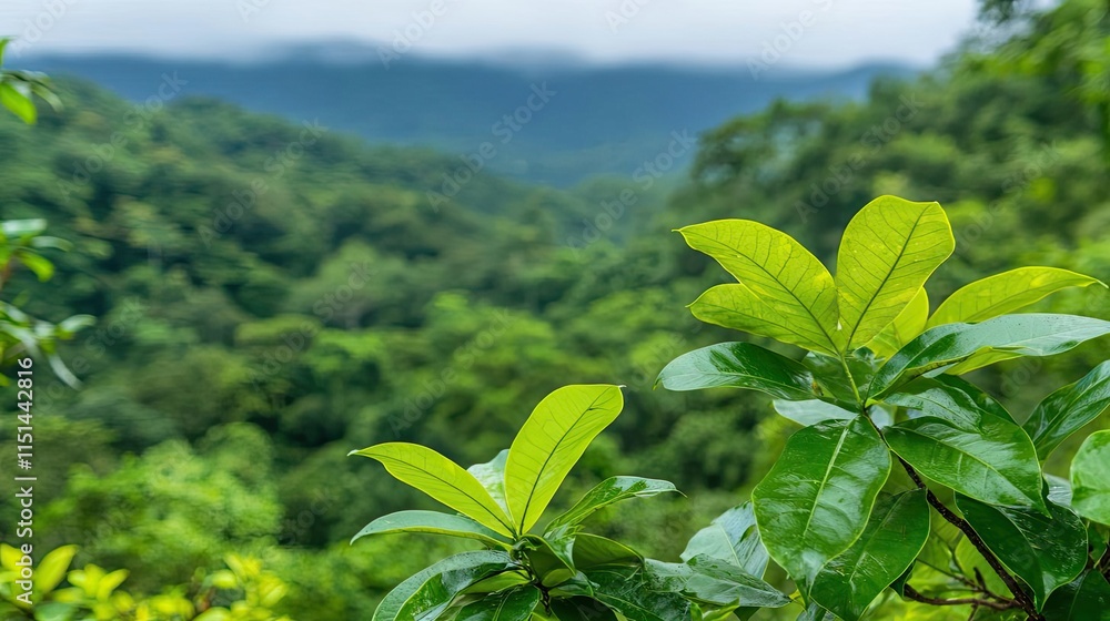 Aufkleber aerial view forest idea. lush green leaves with a scenic forest backdrop under a cloudy sky.