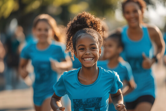 Family members engage in a joyful charity run event promoting fitness and community spirit in a local park