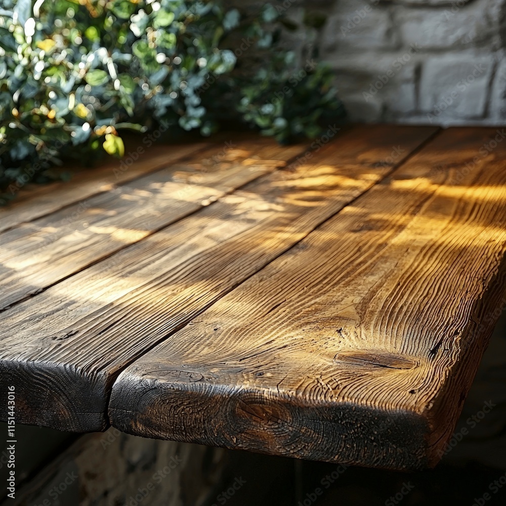 Poster sunlight filters through foliage casting shadows on a rustic wooden table. the textured surface of a
