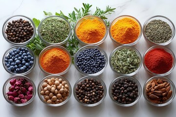 top view of a vibrant assortment of herbs and spices isolated on a minimalistic white background, beautifully arranged to showcase their colors and textures, perfect for culinary art
