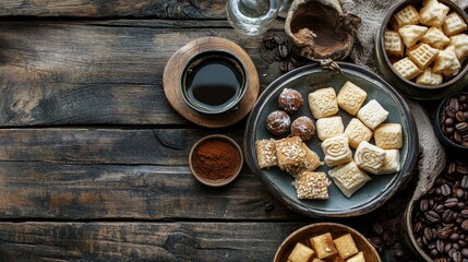 Obraz premium Delicious Turkish sweets paired with coffee displayed on a rustic wooden table, creating a delightful scene showcasing traditional Turkish sweets and the perfect coffee experience.