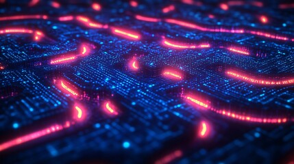 A vibrant neon maze depicting AI-enhanced marketing strategies, with pathways branching into deep learning algorithms and glowing network hubs