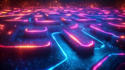 A vibrant neon maze depicting AI-enhanced marketing strategies, with pathways branching into deep learning algorithms and glowing network hubs