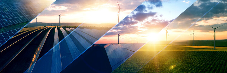 Wind turbines and Solar panels park at sunset collage images. Windmill turbines generating green...