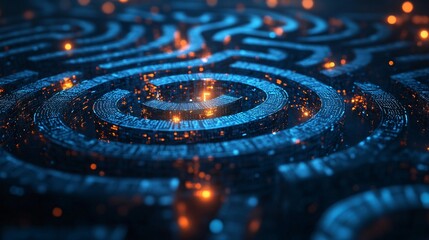 A glowing maze of interconnected pathways representing AI-enhanced marketing strategies, surrounded by digital neural networks and futuristic deep learning layers