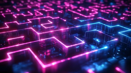 A futuristic neon maze representing digital marketing strategies powered by AI, with glowing pathways leading to interconnected neural network nodes