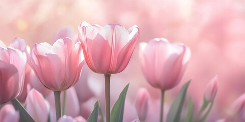 Obraz premium Delicate pink tulips are set against a beautiful pastel pink backdrop, creating a stunning visual of charming pink flowers on a soft and lovely background.