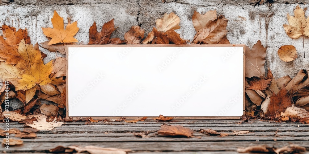 Poster blank white screen positioned on a wooden table, surrounded by leaves, allowing ample space for text