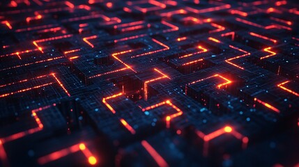 A high-tech maze of AI-enhanced marketing strategies, with glowing pathways leading to deep learning nodes and computer network connections