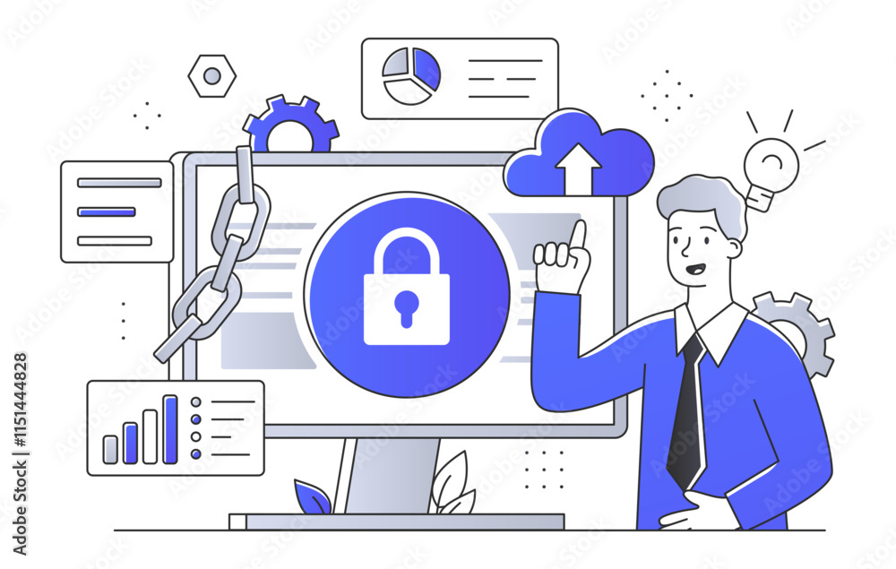 Poster flat line art vector illustration of cybersecurity featuring a man pointing at a computer screen wit