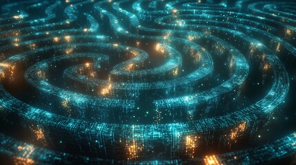 A glowing labyrinth of AI-driven marketing strategies, illuminated by holographic data nodes and deep learning pathways glowing softly