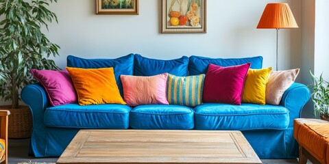 Fototapeta premium Lamp positioned above a wooden table enhances the vibrant living room interior, featuring a blue sofa adorned with colorful cushions. This real photo captures the essence of a lively space.