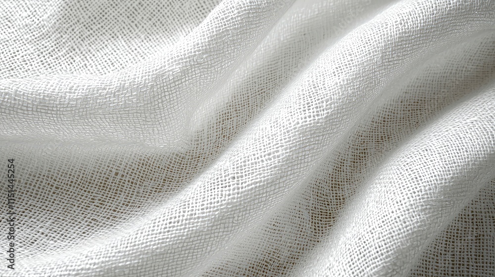 Poster close-up of softly folded white sheer linen fabric with a loose weave. the delicate texture and subt