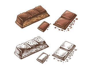 Hand-drawn chocolate bars with artistic, detailed colored and monochrome illustrations