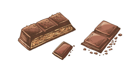 Hand-drawn chocolate bars with artistic and detailed design colored  illustrations