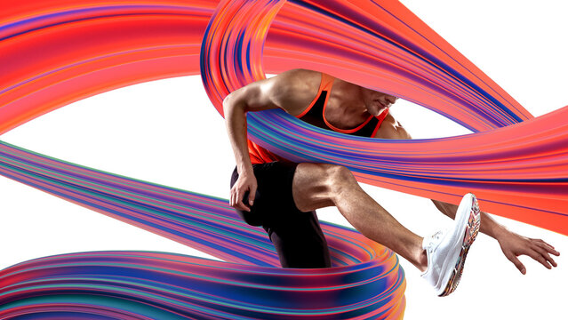 Poster. Contemporary art collage. Athlete in dynamic running motion with colorful trails, symbolizing power, determination, and relentless pursuit of victory. Concept ofsport, championship.