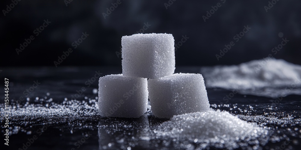 Poster cube sugars displayed on a black background create a striking visual. the cube sugars contrast beaut