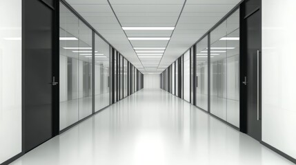 Modern Office Corridor with Glass Walls and Black Accents