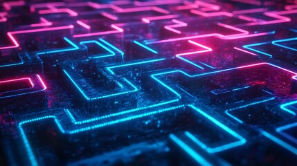 A glowing neon maze of digital marketing strategies integrated with AI and deep learning networks, featuring holographic computer nodes