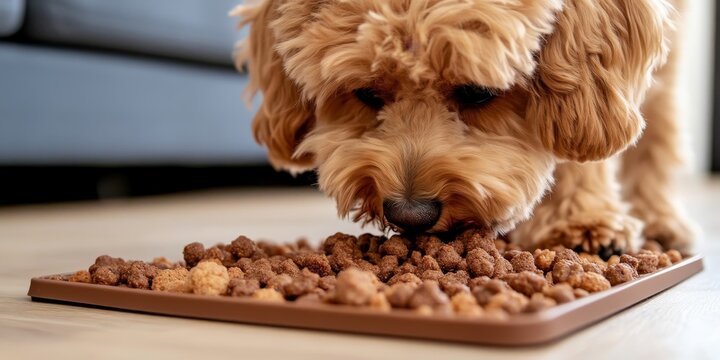 Brown doodle dog engaging in food enrichment by eating from a snuffle mat. This activity promotes mental exercise and intellectual brain development, preventing boredom during training sessions.