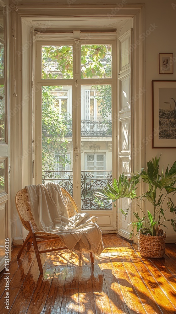 Poster sunlight streams through a window into a cozy room illuminating a wicker chair draped with a blanket