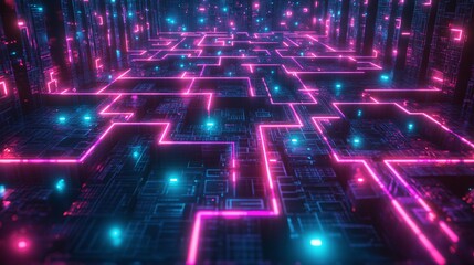 A vibrant neon labyrinth representing AI-enhanced marketing strategies, with glowing pathways leading to interconnected deep learning nodes