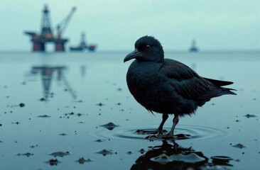 Black bird standing in an oil-covered wetland with blurred industrial background