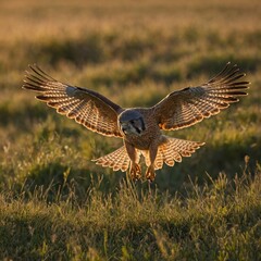 Fototapeta premium A kestrel hovering over a vast meadow in the golden hour.