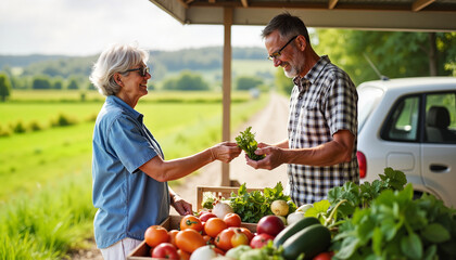 Older adults gardening together happy aging couple Senior woman buying fresh vegetables at a farm stand