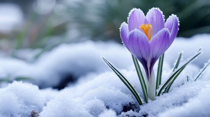 A stunning close-up of a frost-covered violet crocus opening amidst a snowy garden.