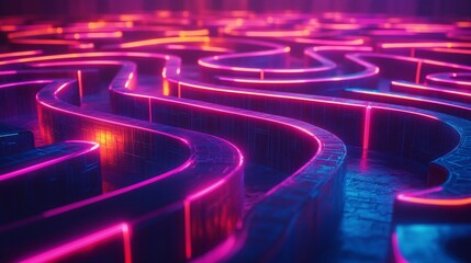 Fototapeta premium A futuristic labyrinth of neon pathways representing AI-driven marketing strategies, with glowing neural networks and deep learning nodes illuminating the scene