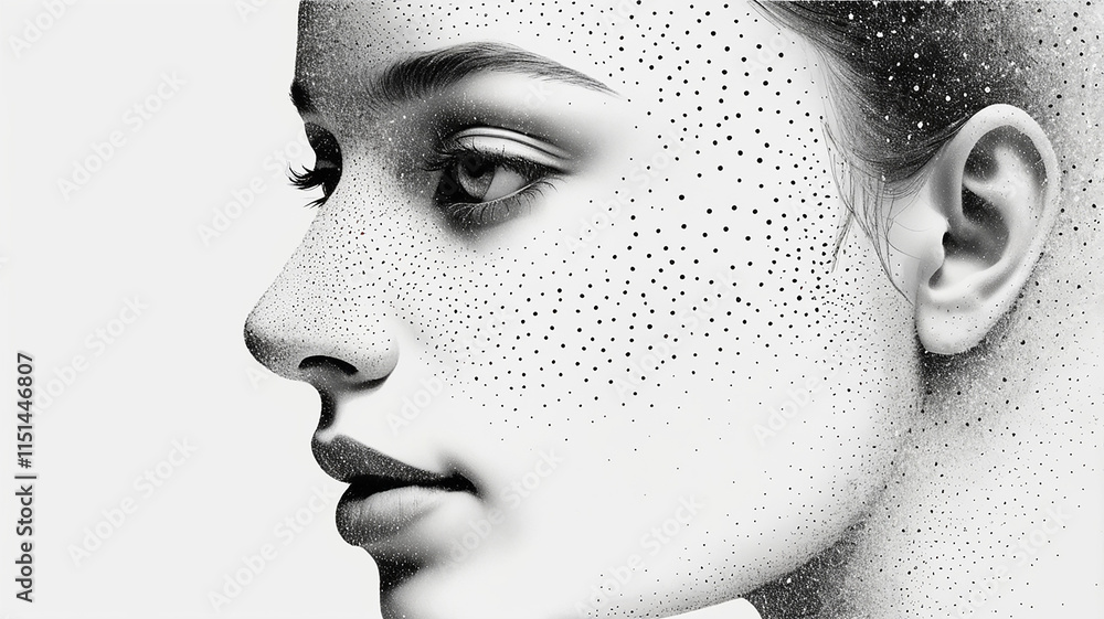 Poster abstract human face in dots with fading effect – side profile design on white background