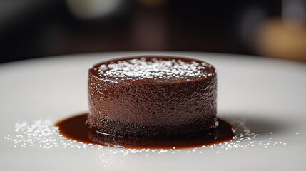 A close-up of a chocolate fondant, dusted lightly with powdered sugar, resting on a smooth white surface,