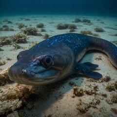 An electric eel in clear Amazonian waters, glowing faintly against a sandy bed.