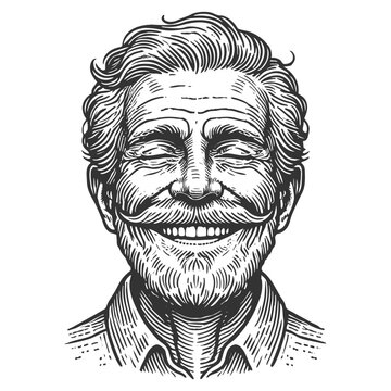 elderly man with a full beard, expressive smile, and textured hair, drawn in vintage style sketch engraving generative ai vector illustration. Scratch board imitation. Black and white image.