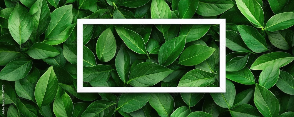 Poster tropical frame concept. vibrant green leaves creating a natural background with an empty white frame