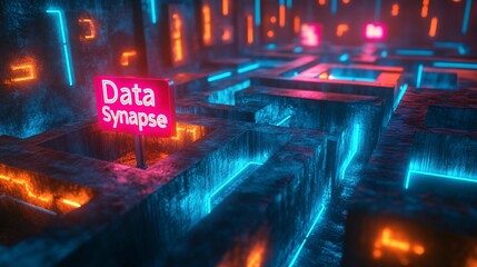 A vibrant neon maze in gold and indigo, showing interconnected AI strategies with glowing signs reading "Data Synapse"
