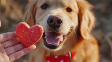 Close-Up Shot of a Dog with a Heart-Shaped Treat in Hand