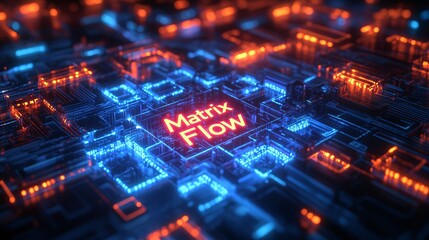 Obraz premium A dynamic neon maze in electric blue and fiery orange, representing AI-powered strategies, with holographic words 