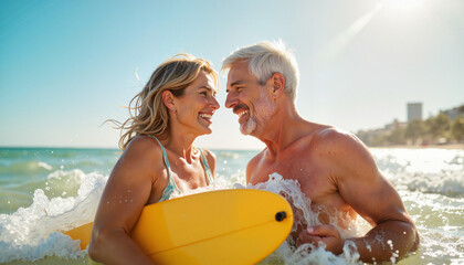 Older adults on wellness retreat Seniors learning to surf Copy space elderly surfers with boards happy aging couple active aging vacation Senior couple laughing and swimming with a boogie board at bea
