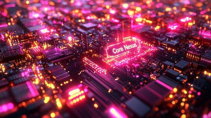 Obraz premium A labyrinth of neon pink and gold pathways representing deep learning and AI, with holographic text 