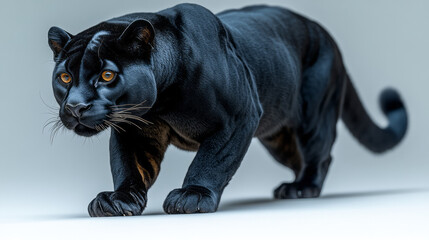 Fototapeta premium A majestic black puma crouching low, ready to leap, with its sharp eyes focused ahead, set against a plain white backdrop,