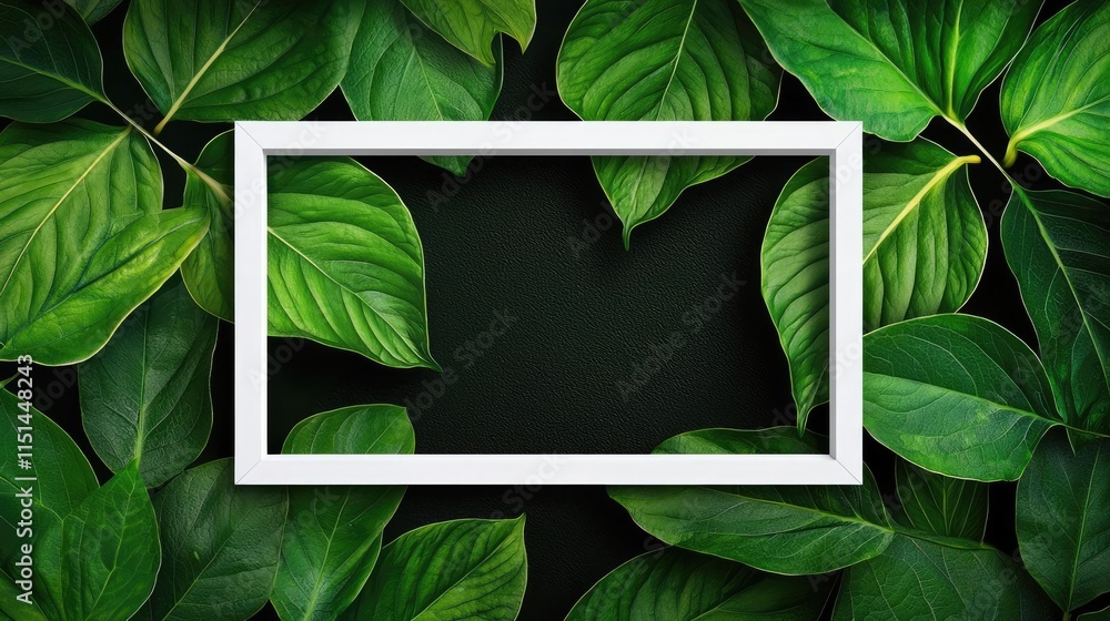 Poster tropical frame concept. a vibrant display of green leaves framing a blank space for creative use.
