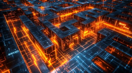 A glowing neon labyrinth of AI pathways in silver and orange, featuring holographic neural networks and text "Binary Pulse"