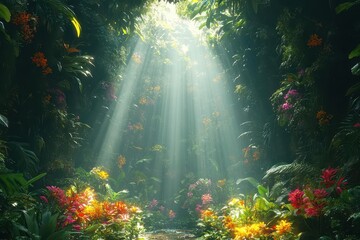 Obraz premium vivid jungle scene bursting with life, sunlight streaming through thick foliage, illuminating colorful flowers and exotic plants, creating a vibrant and peaceful atmosphere